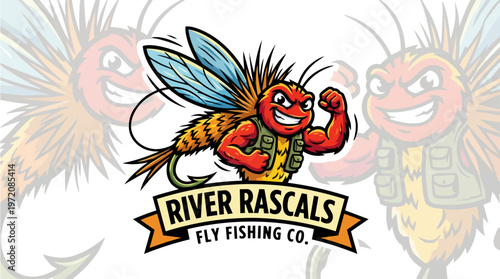 Fly Fishing Company Cartoon Logo.