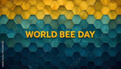 A vibrant honeycomb pattern celebrating World Bee Day with a mix of yellow and blue hues