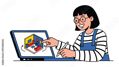 Woman using laptop for 3D interior design. Digital architecture planning, virtual home creation, and interactive room modeling illustration.