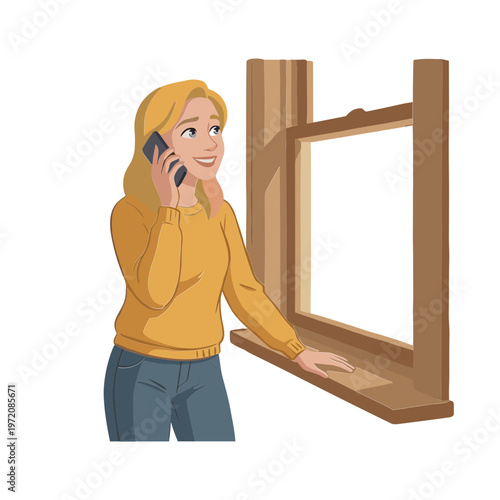 A woman talks on phone while standing beside an open window frame