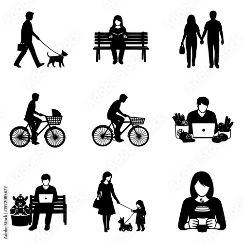 People engaging in daily activities and leisure. Silhouette icons of people walking, reading, biking, working on laptops, and spending time with pets and friends