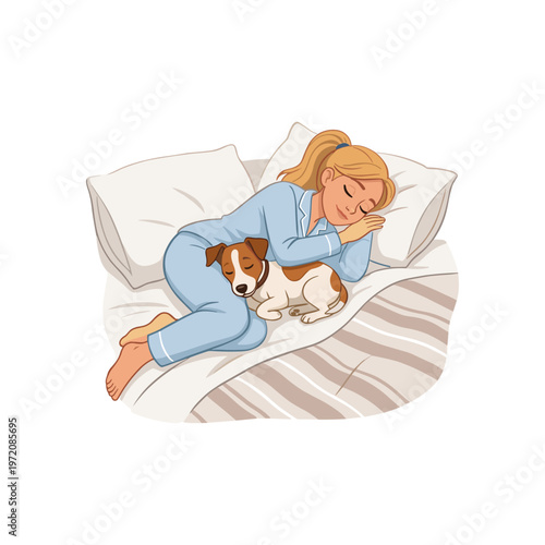 Woman sleeping peacefully with dog on bed in bedroom at night