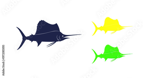 Colorful Sailfish Silhouettes Set - Blue, Yellow, Green