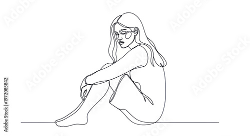 Minimalist Line Art of a Woman Sitting in Contemplation