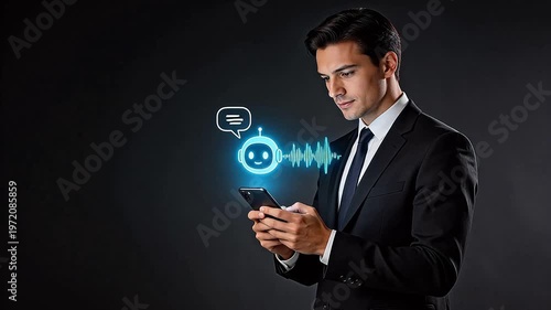Businessman using smartphone with AI chatbot interface glowing in blue neon—voice assistant, digital communication, and smart technology concept for modern enterprise.