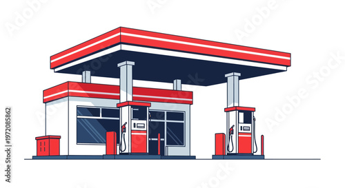 Retro Gas Station Building with Pumps, Isolated on White Background