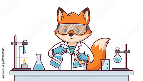 Focused cartoon fox scientist in a lab coat and goggles conducting a chemistry experiment with beakers and Bunsen burner.