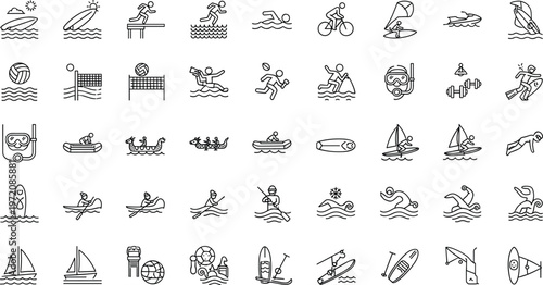 Minimal thin line water sports and beach activity icon set with swimming surfing sailing kayaking diving volleyball and summer recreation symbols