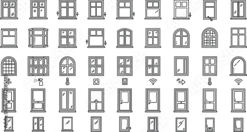 Minimal thin line window and door architecture icon set with house exterior frames glass panels and building facade symbols collection
