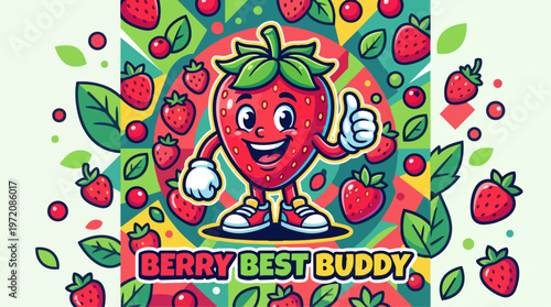 Cartoon strawberry character with leaves.
