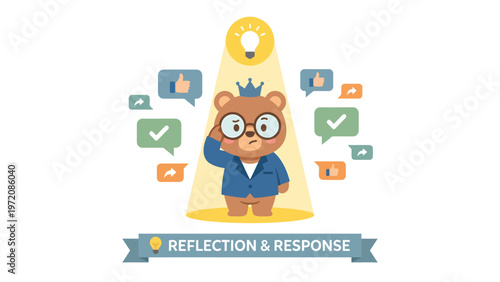 Smart bear character reflecting on ideas and feedback, surrounded by social media engagement icons in a spotlight.