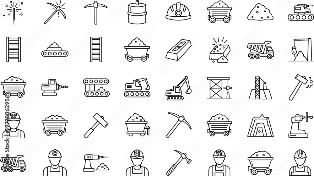 Naklejka premium Mining industry line icon set featuring excavation equipment workers tunnels carts drilling extraction symbols outline vector collection construction resources