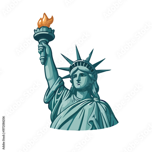 Stylized graphic illustration of the Statue of Liberty holding a torch with an orange flame, wearing a spiked crown and robes, isolated on white, iconic American landmark symbol.