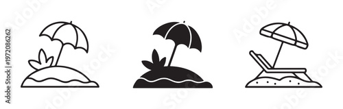 Tropical island icons with umbrella and beach chair, featuring outline and solid styles for vacation themes.