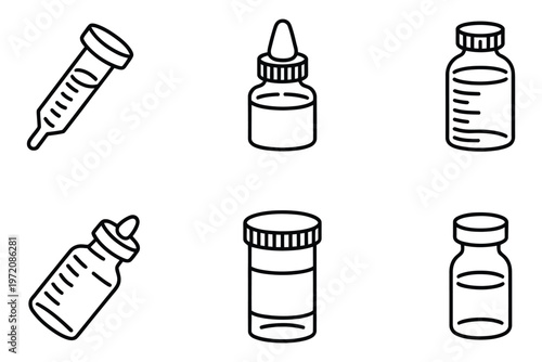 Vaccine bottle icon line art vector illustration, minimal outline of a medical vial, representing vaccination, immunization, and healthcare, editable 