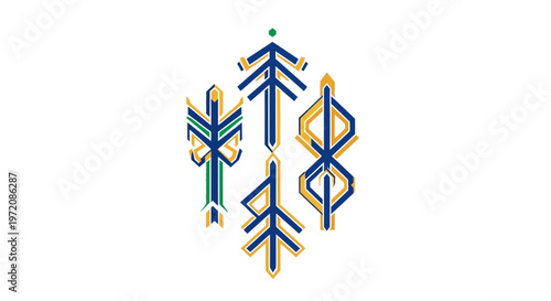 Abstract Nordic Runes Symbol, Ancient Symbols, Geometric Pattern, Blue and Gold