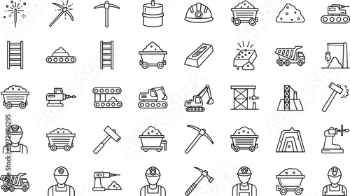 Mining industry line icon set featuring excavation equipment workers tunnels carts drilling extraction symbols outline vector collection construction resources