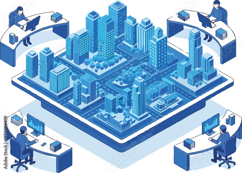 Smart City Digital Twin Management and Urban Planning Isometric Illustration