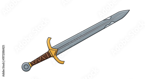 Ancient Medieval Sword with Golden Hilt and Brown Handle on White Background
