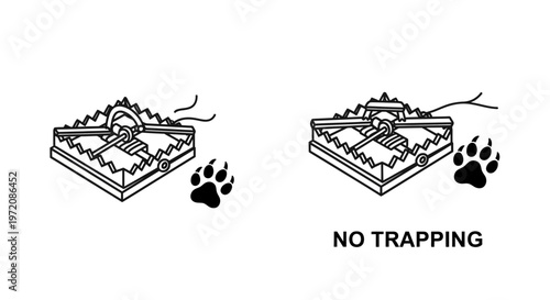 Animal Trap Icon Set: Set and Unset, Paw Print, No Trapping Sign