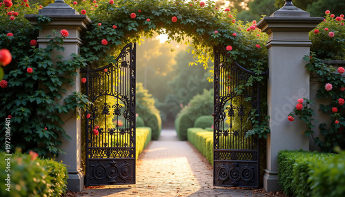 Elegant garden gate adorned with roses leading into green pathway  