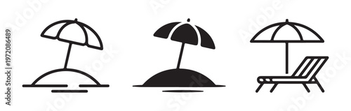 Beach umbrella and sun lounger icons representing vacation and relaxation on sunny seaside holidays and summer.
