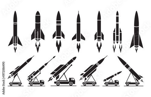 Tablou pe pânză Set of black and white vector illustrations depicting various rockets and missile launch systems on isolated background