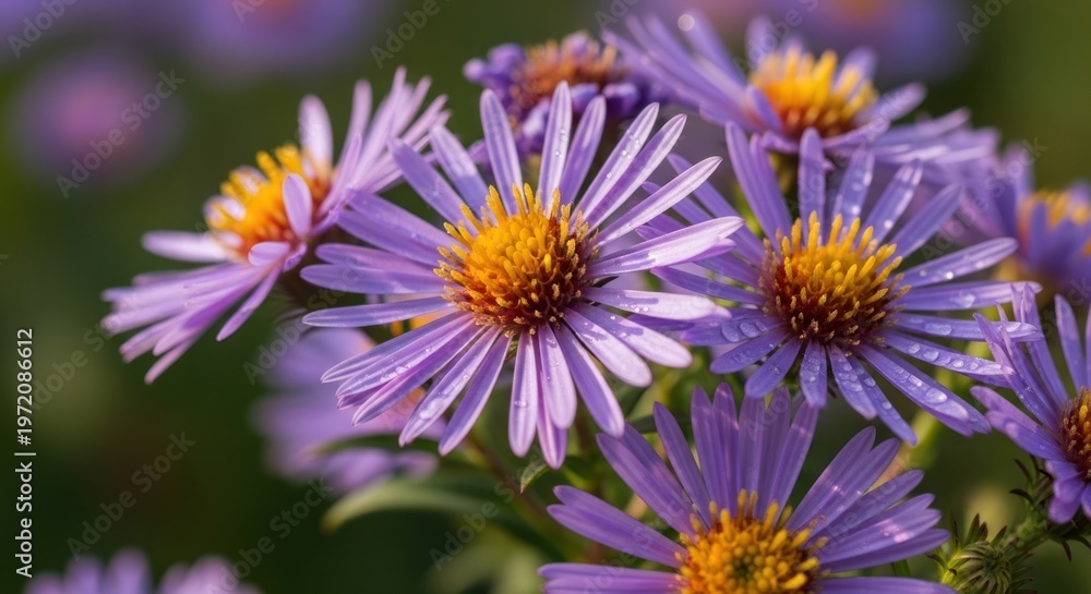 Obraz premium Purple and yellow flowers with water droplets, green leaves, and a blurred background.