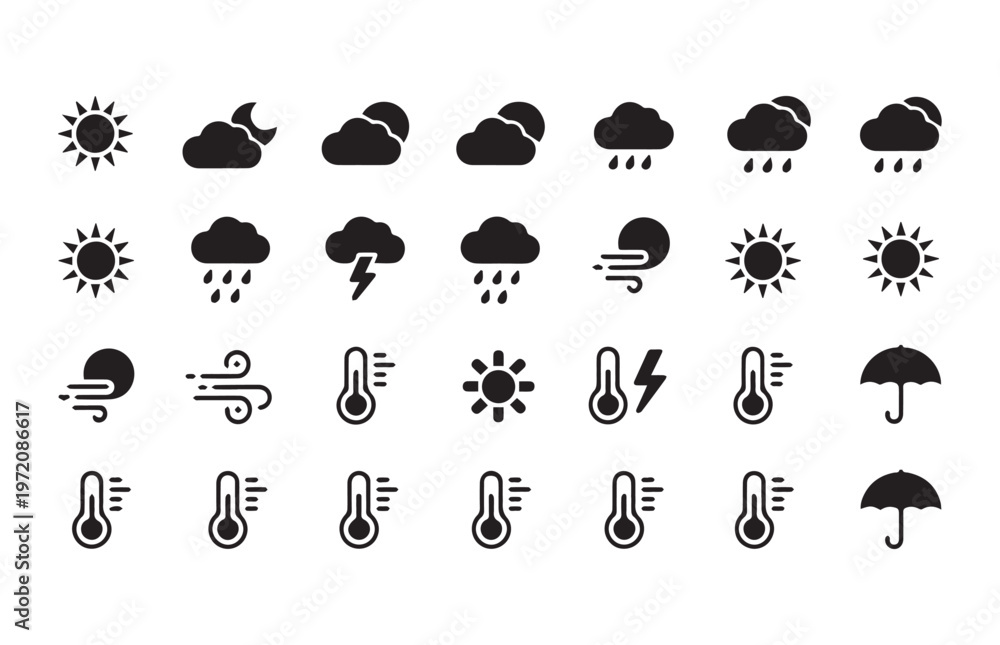 Fototapeta premium Collection of weather icons for forecast including sun moon clouds rain snow lightning wind thermometer umbrella.