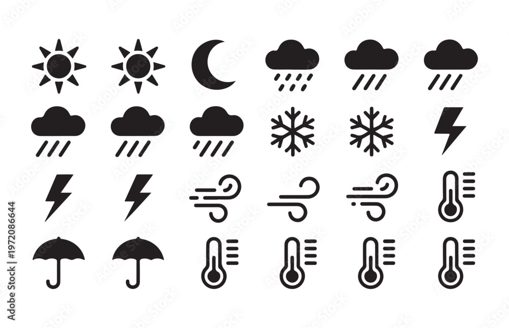 Fototapeta premium Various weather icons for forecasting representing sun moon clouds rain snow lightning wind and temperature.