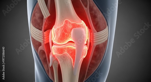 A human knee joint with visible bones and ligaments. The medical concept of joint health and anatomy.