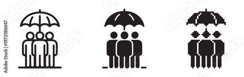 Group icons of people under umbrella symbolizing protection safety and security for collective covering and insurance.