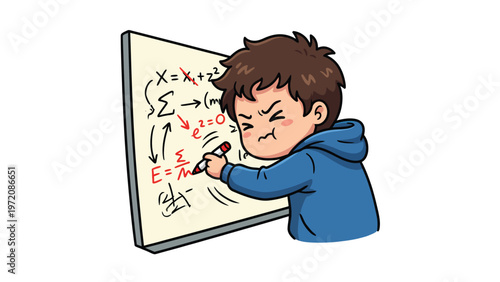 Focused cartoon boy solving complex scientific equations on a whiteboard, illustrating academic challenge