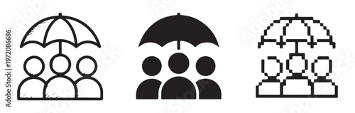 Group insurance protection icon set featuring people under umbrella in hand drawn solid and pixelated styles.