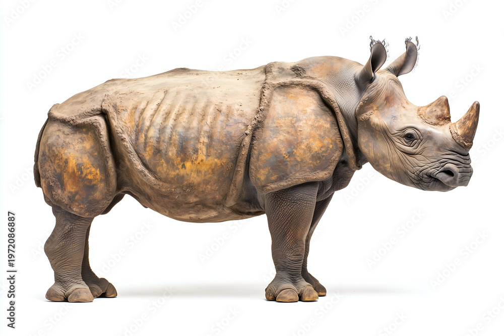 Obraz premium Side profile of a large wild rhinoceros standing isolated on a white background