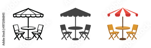 Terrace furniture icon set showing table with folding chairs and striped umbrella for garden and patio use.