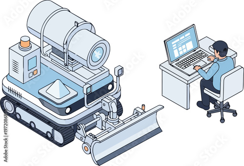 Remote Operated Autonomous Snowcat and Salt Spreader Robot with Technician Monitoring via Laptop, Isometric Vector Illustration
