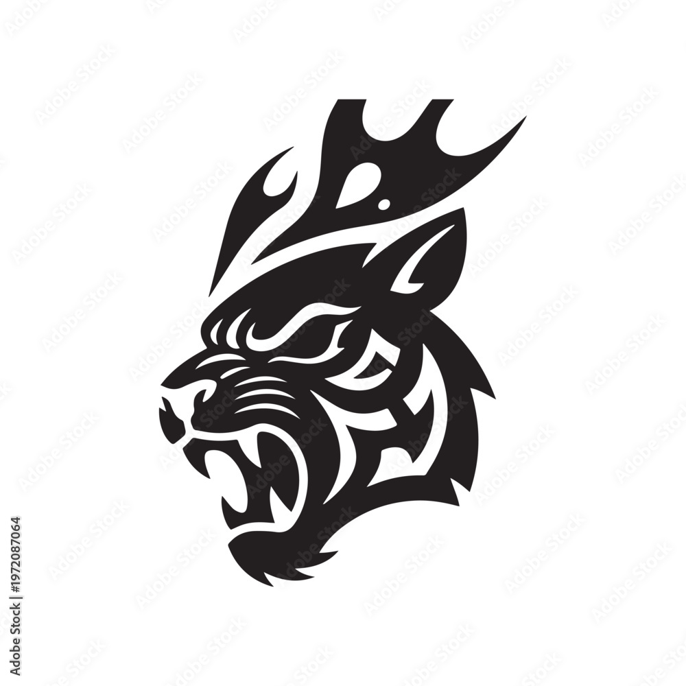 Obraz premium Black Tribal Silhouette of a Roaring Tiger Head With Stylized Flame Mane.