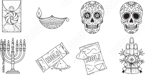 Collection of black and white line including sugar skulls menorah diya and bamboo