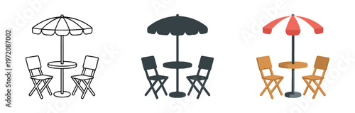 Garden furniture set with table and wooden chairs under umbrella in linear solid and colorful graphic styles.