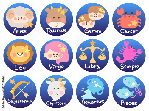 かわいい黄道十二星座（丸アイコン）