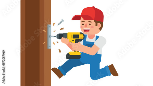Cheerful handyman drilling screws into wood with a power drill. DIY home repair and construction worker cartoon.