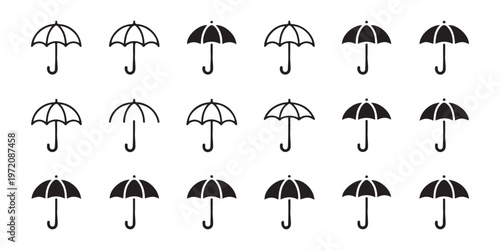 Umbrella line icons set including black silhouette and outline weather symbols for rainy season protection sign.