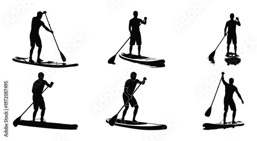 Set of Stand Up Paddle Yoga and Surfing Silhouettes