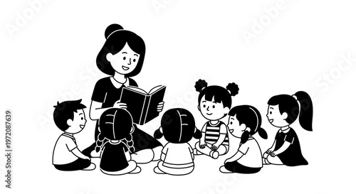 Teacher reading a story book to a group of children sitting on the floor in a circle, school education concept.