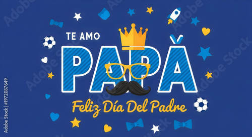 Happy father's day illustration with crown mustache and soccer elements