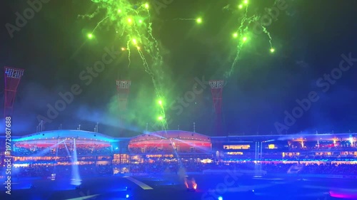 fireworks, colourful fire works lighting the night skies with vivid multi colours glowing colours of Easter Show of the fireworks producing beautiful lighting rainbow colourful effects Sydney NSW Aust