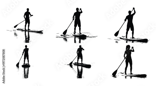 Set of Stand Up Paddle Yoga Silhouettes on Water