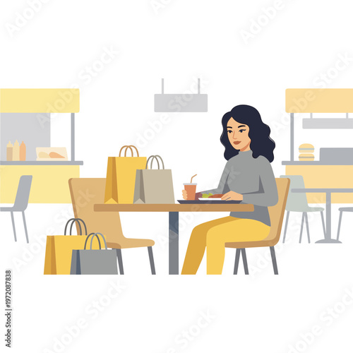 Woman sitting at table with food and shopping bags in mall