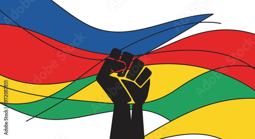 Black Fist Raised Against Colorful Waving Background - Symbol of Power, Unity, Resistance